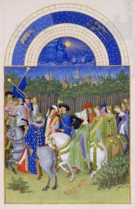 Frères Limbourg, Les Très Riches Heures du Duc de Berry, Mai, la ville de Riom, la cavalcade de Mai, 1412-1416, Chantilly, Musée Condé